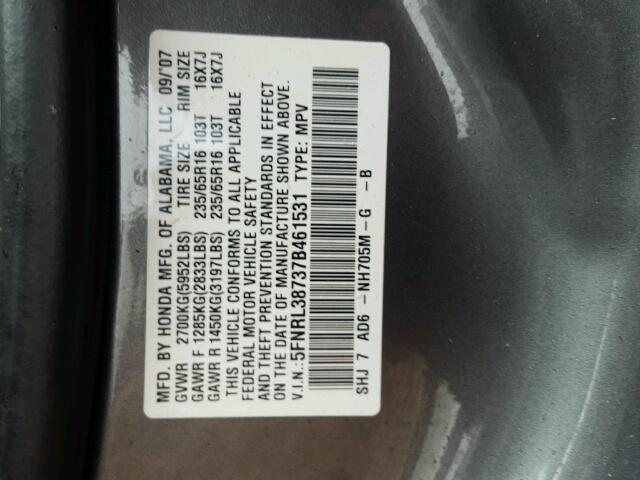 5FNRL38737B461531 - 2007 HONDA ODYSSEY EX GRAY photo 10