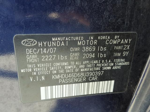 KMHDU46D68U390397 - 2008 HYUNDAI ELANTRA GL BLUE photo 10