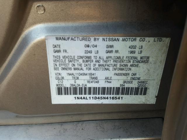 1N4AL11D45N416541 - 2005 NISSAN ALTIMA S BEIGE photo 10