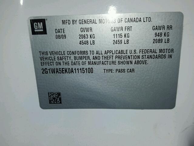 2G1WA5EK0A1115100 - 2010 CHEVROLET IMPALA LS WHITE photo 10