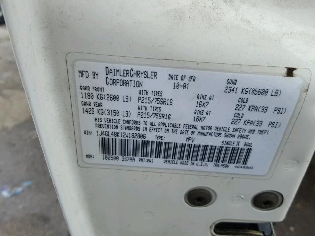 1J4GL48K12W182806 - 2002 JEEP LIBERTY SP WHITE photo 10