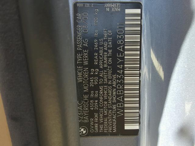 WBABR3344YEA83011 - 2000 BMW 323 CI BLUE photo 10