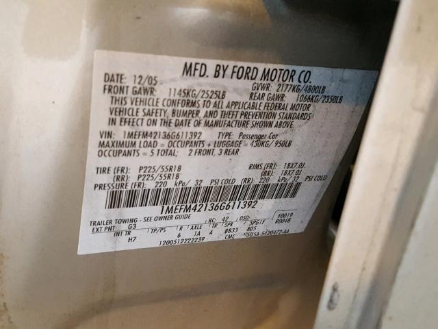 1MEFM42136G611392 - 2006 MERCURY MONTEGO PR 金色 照片 10