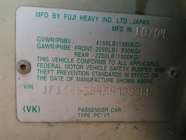 JF1SG63645H733366 - 2005 SUBARU FORESTER 2 GRAY photo 10