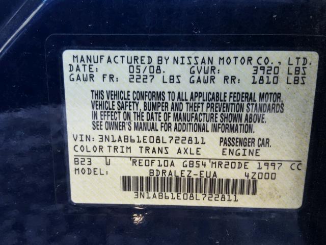 3N1AB61E08L722811 - 2008 NISSAN SENTRA 2.0 BLUE photo 10