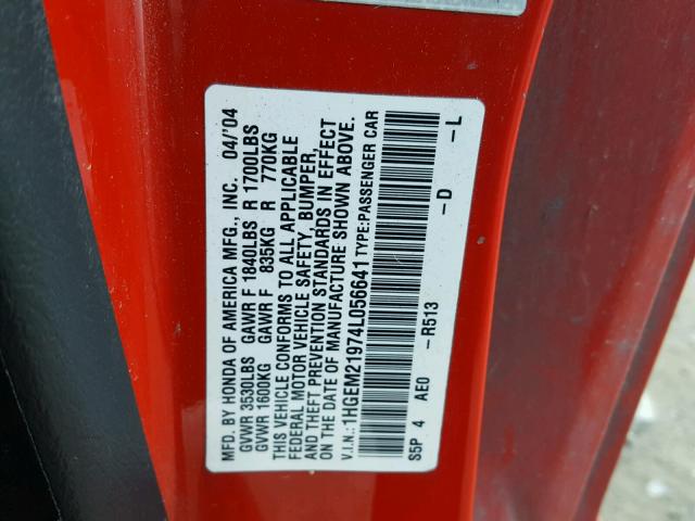 1HGEM21974L056641 - 2004 HONDA CIVIC EX RED photo 10