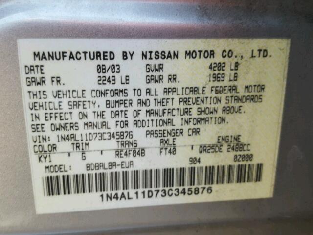 1N4AL11D73C345876 - 2003 NISSAN ALTIMA SILVER photo 10