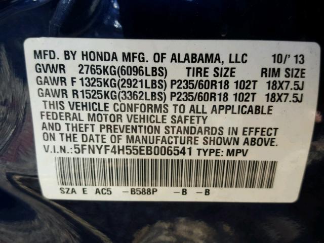 5FNYF4H55EB006541 - 2014 HONDA PILOT EXL BLUE photo 10