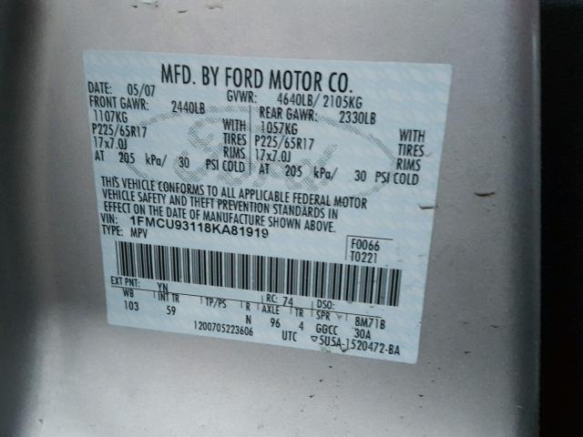 1FMCU93118KA81919 - 2008 FORD ESCAPE XLT SILVER photo 10