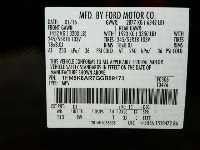 1FM5K8AR7GGB89173 - 2016 FORD EXPLORER P TWO TONE photo 10