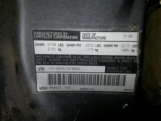 1C3XY66R9LD870993 - 1990 CHRYSLER NEW YORKER GRAY photo 10