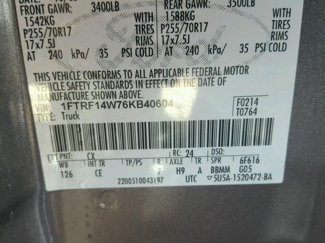 1FTRF14W76KB40604 - 2006 FORD F150 Gris foto 10