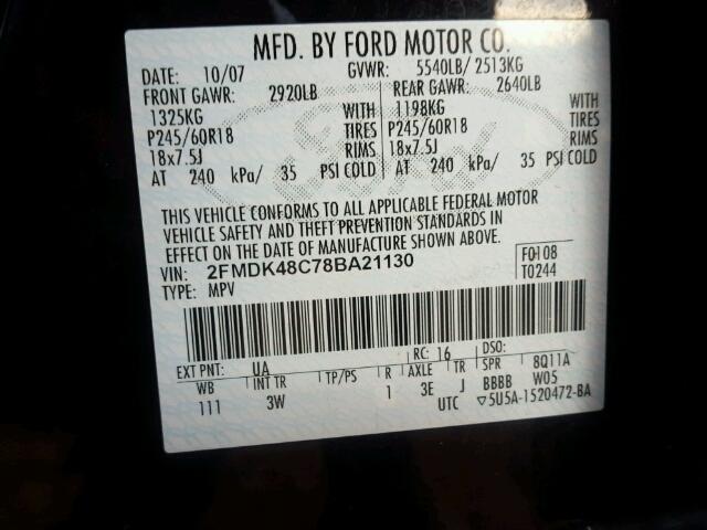 2FMDK48C78BA21130 - 2008 FORD EDGE SEL BLACK photo 10