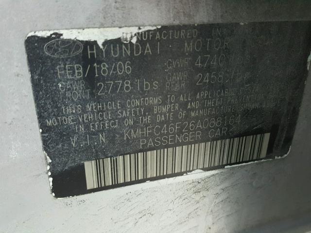 KMHFC46F26A088164 - 2006 HYUNDAI AZERA SILVER photo 10