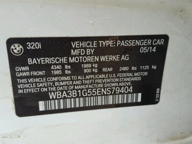 WBA3B1G55ENS79404 - 2014 BMW 320 I WHITE photo 10