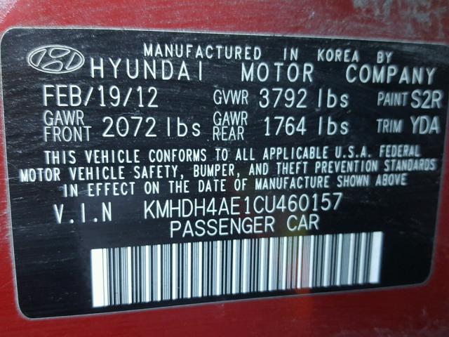 KMHDH4AE1CU460157 - 2012 HYUNDAI ELANTRA GL RED photo 10