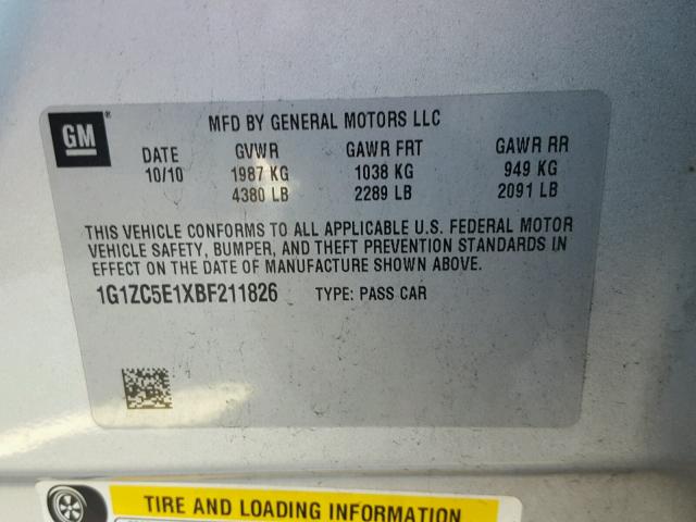 1G1ZC5E1XBF211826 - 2011 CHEVROLET MALIBU 1LT 银色 照片 10