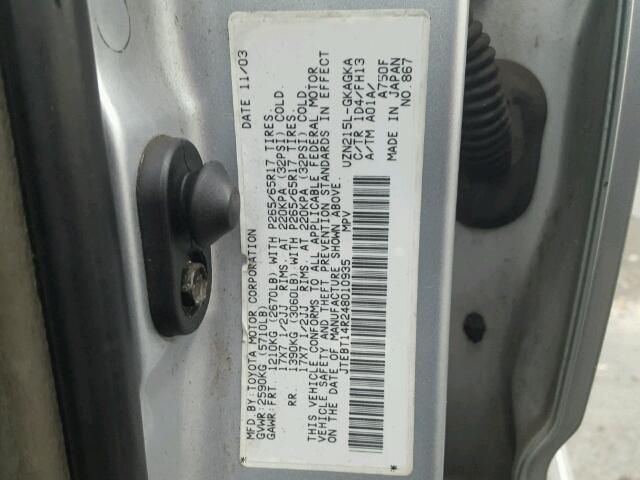 JTEBT14R248010935 - 2004 TOYOTA 4RUNNER SR SILVER photo 10