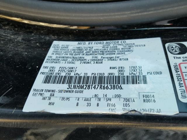 3LNHM28T47R663806 - 2007 LINCOLN MKZ BLACK photo 10