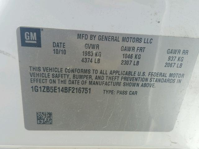 1G1ZB5E14BF216751 - 2011 CHEVROLET MALIBU LS თეთრი ფოტო 10