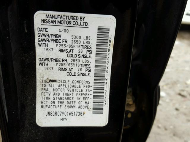 JN8DR07Y01W517367 - 2001 NISSAN PATHFINDER BLACK photo 10