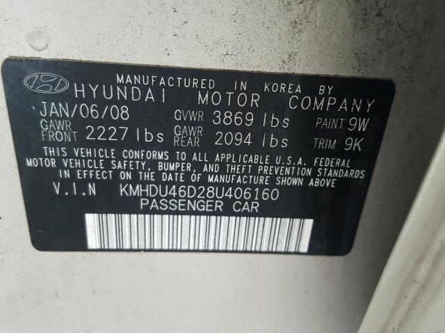 KMHDU46D28U406160 - 2008 HYUNDAI ELANTRA GL BEIGE photo 10