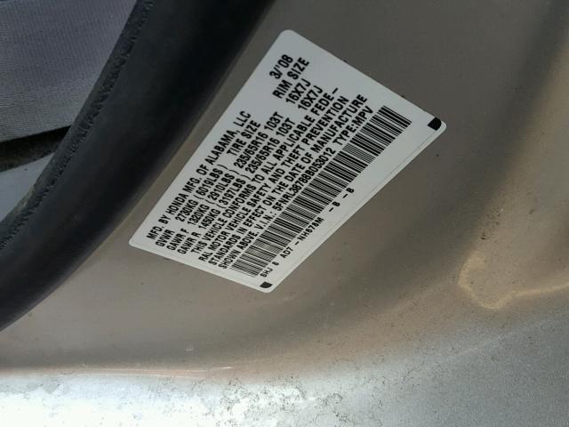 5FNRL38788B053012 - 2008 HONDA ODYSSEY EX SILVER photo 10