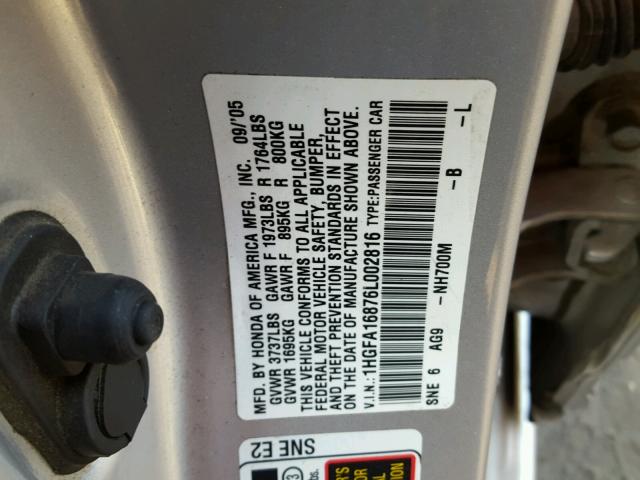 1HGFA16876L002816 - 2006 HONDA CIVIC EX ვერცხლისფერი ფოტო 10