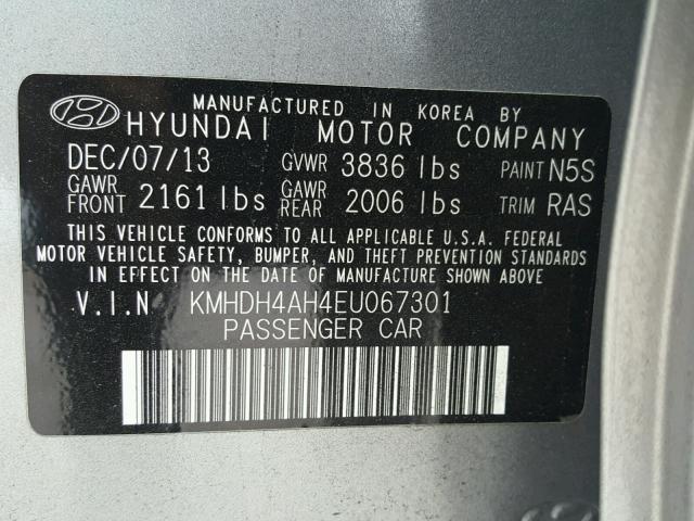 KMHDH4AH4EU067301 - 2014 HYUNDAI ELANTRA SE GRAY photo 10