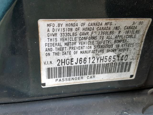 2HGEJ6612YH565140 - 2000 HONDA CIVIC BASE Yaşıl foto 10