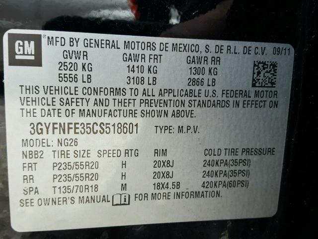 3GYFNFE35CS518601 - 2012 CADILLAC SRX PREMIU BLACK photo 10