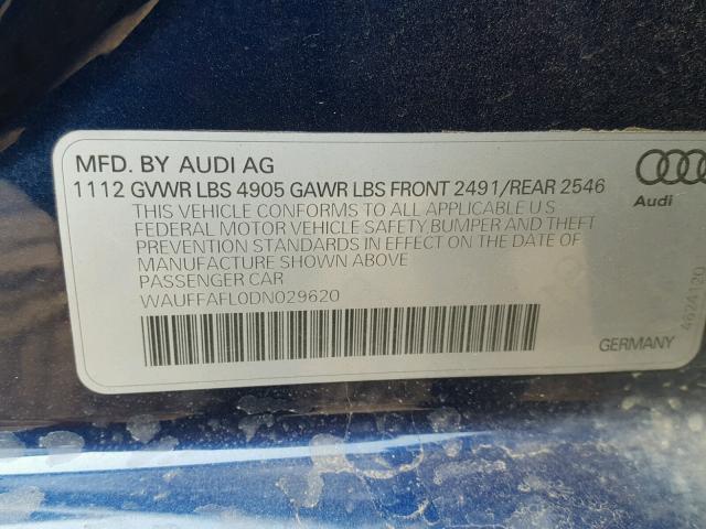 WAUFFAFL0DN029620 - 2013 AUDI A4 PREMIUM BLUE photo 10