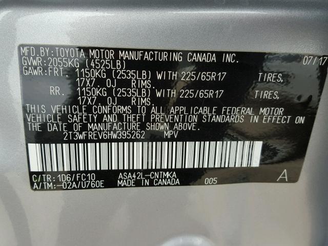 2T3WFREV6HW395262 - 2017 TOYOTA RAV4 XLE SILVER photo 10