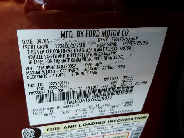 1FMDK06157GA20057 - 2007 FORD FREESTYLE RED photo 10