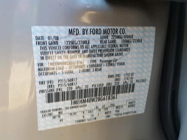 1MEHM40W28G618361 - 2008 MERCURY SABLE LUXU SILVER photo 10