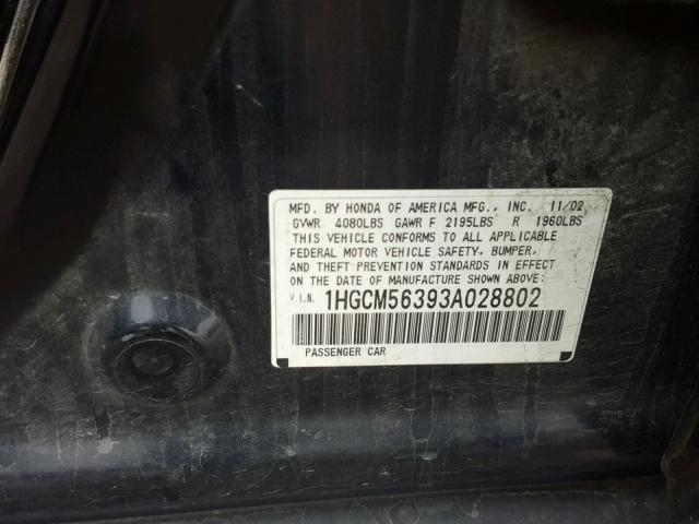 1HGCM56393A028802 - 2003 HONDA ACCORD LX BLACK photo 10