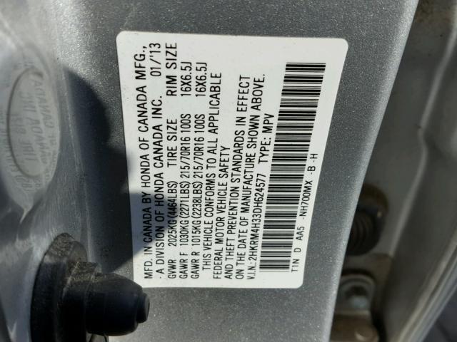 2HKRM4H33DH624577 - 2013 HONDA CR-V LX SILVER photo 10