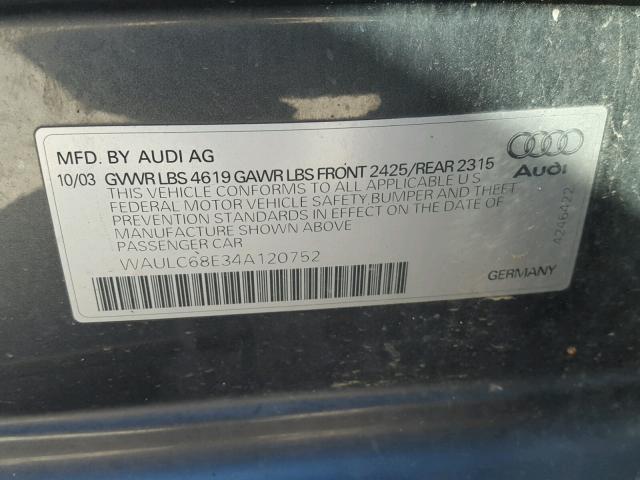 WAULC68E34A120752 - 2004 AUDI A4 1.8T QU CHARCOAL photo 10