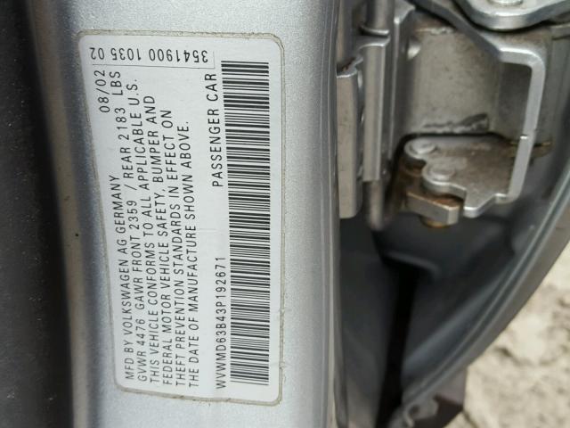 WVWMD63B43P192671 - 2003 VOLKSWAGEN PASSAT GL SILVER photo 10