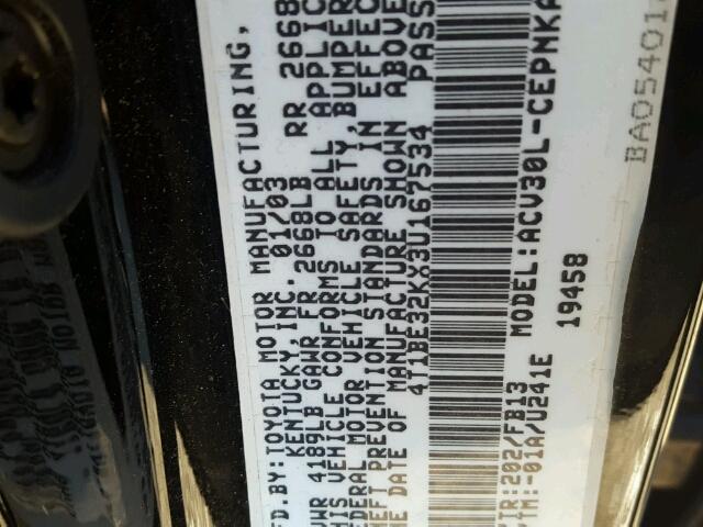 4T1BE32KX3U167534 - 2003 TOYOTA CAMRY LE 黑色 照片 10