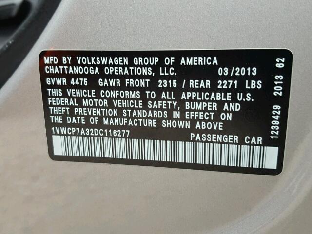 1VWCP7A32DC116277 - 2013 VOLKSWAGEN PASSAT SEL GRAY photo 10