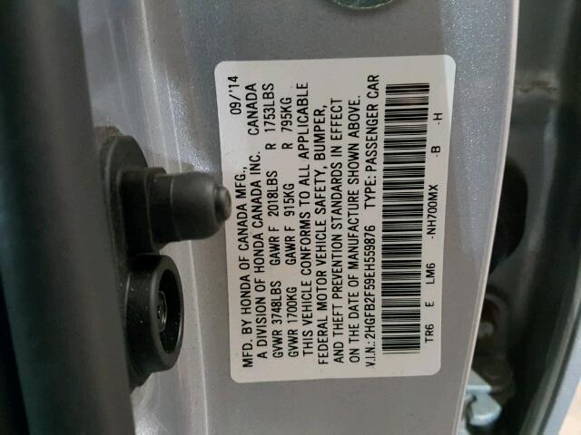 2HGFB2F59EH559876 - 2014 HONDA CIVIC LX SILVER photo 10