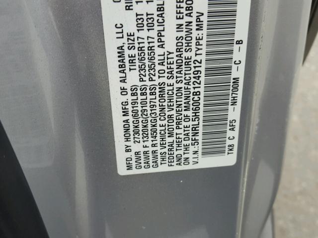 5FNRL5H60CB124912 - 2012 HONDA ODYSSEY EX SILVER photo 10