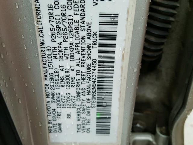 5TEGN92N94Z374450 - 2004 TOYOTA TACOMA DOU SILVER photo 10