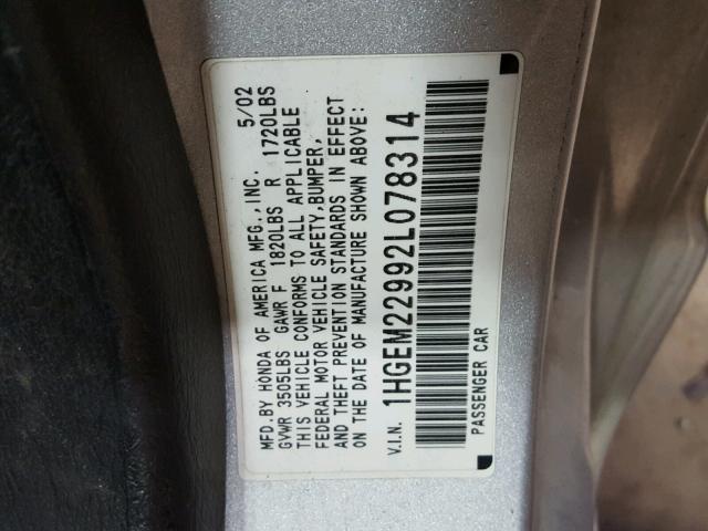 1HGEM22992L078314 - 2002 HONDA CIVIC EX ვერცხლისფერი ფოტო 10