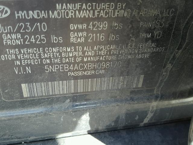 5NPEB4ACXBH098170 - 2011 HYUNDAI SONATA GLS BLACK photo 10