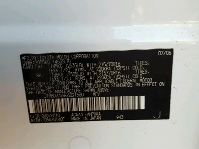 JTMBD33V466021560 - 2006 TOYOTA RAV4 WHITE photo 10