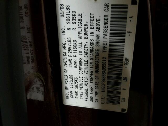 1HGCP36898A055612 - 2008 HONDA ACCORD EXL Tünd qırmızı foto 10