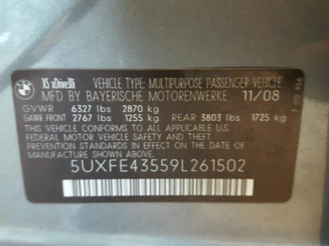 5UXFE43559L261502 - 2009 BMW X5 XDRIVE3 Մոխրագույն լուսանկար 10