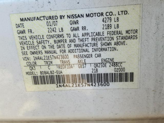 1N4AL21E57N423600 - 2007 NISSAN ALTIMA 2.5 WHITE photo 10